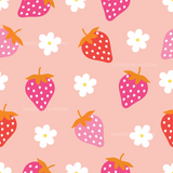 a pattern of strawberries and daisies on a pink background