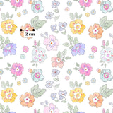 a repeating pattern of colorful flowers and leaves, with a scale indicator in the top left corner.