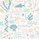 a white background with a blue and pink pattern