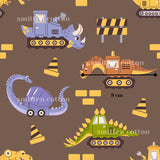 various cartoon-style construction vehicles and dinosaurs, including a blue excavator, a yellow bulldozer, a brown dinosaur, and a green dinosaur, all set against a brown background with yellow and black safety cones.