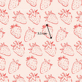 a repeating pattern of red strawberry illustrations on a light pink background.