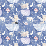 a blue background with white flowers and a fairy on it