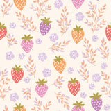 a pattern of strawberries and flowers on a white background