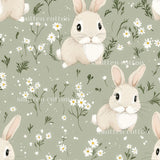 a repeating pattern of cartoon rabbits surrounded by white flowers and greenery against a light green background.