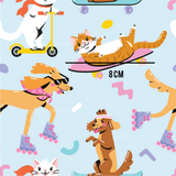 a group of dogs and cats riding skateboards