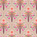 a repeating pattern of palm trees, flowers, and sun motifs in shades of pink, orange, and green.