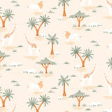 a pattern of giraffes, palm trees, and giraffes