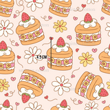 a pink background with a bunch of cakes and flowers