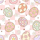 a pattern of colorful Easter eggs and flowers on a pink and white checkered background.
