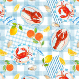 The image is a repeating pattern of various seafood items, including lobsters, fish, and oranges, arranged on a blue and white checkered background.