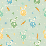 a repeating pattern of smiling rabbit faces and carrots against a light green background with stars.