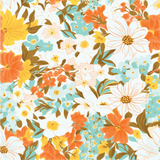 a flowery background with orange, yellow, and blue flowers