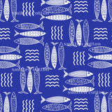 a repeating pattern of stylized fish and waves in shades of blue and white.