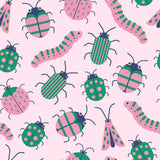 a repeating pattern of various colorful insects, including ladybugs, caterpillars, and other types of bugs, against a pink background.