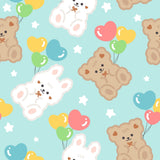 a repeating pattern of teddy bears and heart-shaped balloons against a light blue background with white stars.