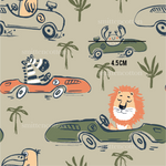 a lion driving a car with palm trees in the background