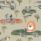 a lion driving a car with palm trees in the background