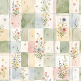The image is a collage of various watercolor-style floral patterns, featuring a variety of flowers and butterflies. The patterns are arranged in a grid-like fashion, with each square containing a different floral design. The colors used in the patterns are predominantly pastel shades, creating a soft and delicate appearance. The overall composition of the collage is visually appealing and showcases the beauty of the floral designs.