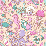 The image is a seamless pattern featuring various marine life and sea creatures, including a squid, starfish, jellyfish, crab, seahorse, octopus, and fish, all depicted in a whimsical and colorful style.