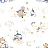The image is a repeating pattern of various cartoon-style illustrations, including a bear, a rabbit, a castle, and stars, all set against a white background.