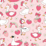 a repeating pattern of cartoon-style ducks and strawberries, along with other whimsical elements such as rainbows, hearts, and flowers. The ducks are wearing hats and bow ties, and the strawberries are depicted in various sizes and positions. The overall color scheme is predominantly pink, with accents of green and white. The image is a collage of multiple smaller images, and the text "6 cm" is visible, indicating the size of the image.