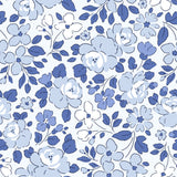 a repeating pattern of blue flowers and leaves on a white background.
