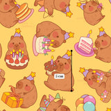 a repeating pattern of cartoon-style illustrations of bears wearing party hats and holding various birthday-themed items, such as cakes, balloons, and presents.