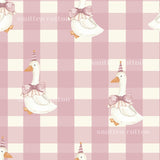 a repeating pattern of white ducks wearing party hats and bow ties against a pink and white checkered background.