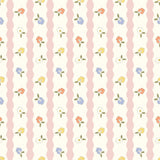 a repeating pattern of pink and white vertical stripes with small flowers in various colors, including blue, yellow, and orange.