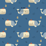 The image is a repeating pattern of cartoon-style illustrations of white and blue striped whale characters, along with small boats and other nautical elements. The pattern is set against a blue background, and there is a measurement scale indicating the size of the whale characters.