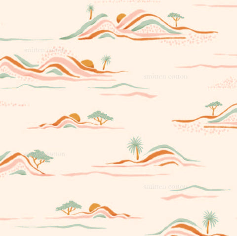 a pink and green wallpaper with trees and hills