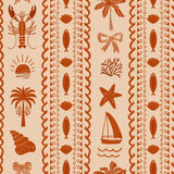 a repeating pattern of various tropical and marine-themed illustrations, including a lobster, palm tree, starfish, seashells, and a sailboat, all rendered in a warm, orange color scheme.