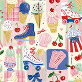 The image is a vibrant and playful collage featuring various ice cream cones, roller skates, and other fun elements, all set against a pink and green background.