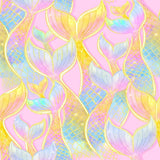 a repeating pattern of colorful mermaid tails in shades of pink, blue, and yellow against a pink background.