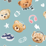a repeating pattern of teddy bear faces, along with various accessories such as headphones, a star, and a pair of sneakers.
