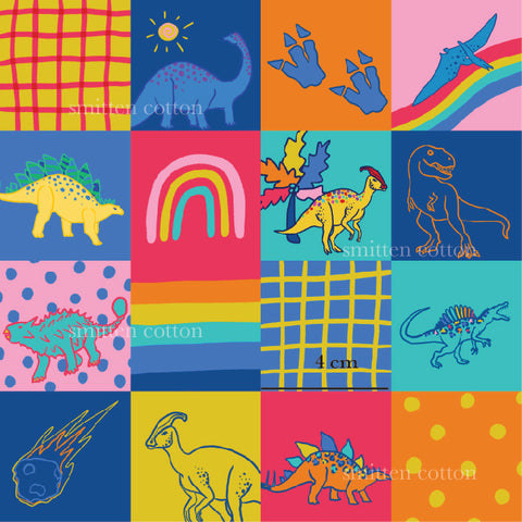 a colorful background with dinosaurs and rainbows