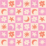 a pink and white checkered pattern with stars, moon, and stars