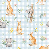 The image is a repeating pattern of various animals, including kangaroos, koalas, and wallabies, against a blue and white checkered background.
