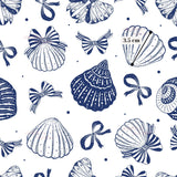 a repeating pattern of various seashells and bows in shades of blue and white.