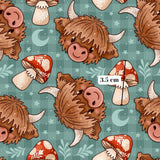 The image is a repeating pattern of cartoon cow heads and mushrooms against a green background with stars.