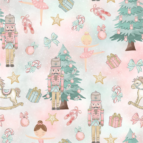 a pink and green christmas pattern with a nutcracker