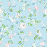 The image is a repeating pattern of various flowers and leaves in shades of pink, white, and green against a light blue background.