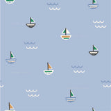 a blue background with small boats and waves