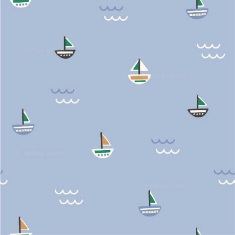 a blue background with small boats and waves