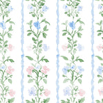 a repeating pattern of blue and pink flowers with green leaves, creating a visually appealing and harmonious design.