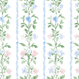 a repeating pattern of blue and pink flowers with green leaves, creating a visually appealing and harmonious design.