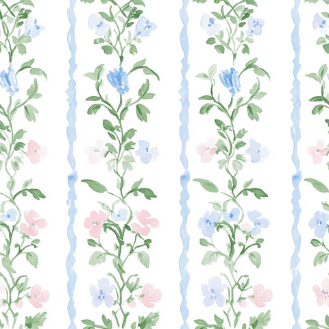 a repeating pattern of blue and pink flowers with green leaves, creating a visually appealing and harmonious design.
