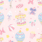 a pink wallpaper with a carousel, balloons, and other items
