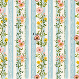 The image is a repeating pattern of vertical stripes with pink and yellow flowers and green leaves. The pattern is set against a light blue background with white stripes. The image is approximately 1 meter (1.0 ft) wide.