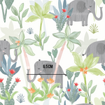 a pattern of elephants and plants on a white background
